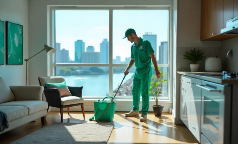 Cleaning Services Grand Rapids MI cleaner in a modern apartment with Grand Rapids skyline.