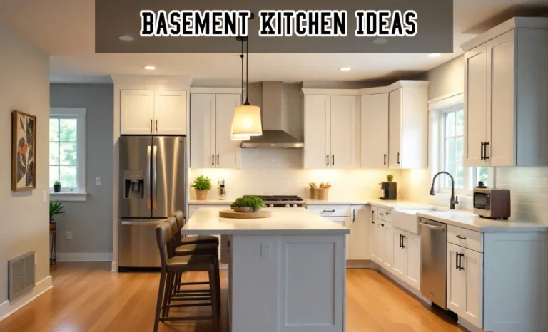 Basement kitchen ideas showcase: modern white kitchen with island, pendant lighting, and storage solutions below