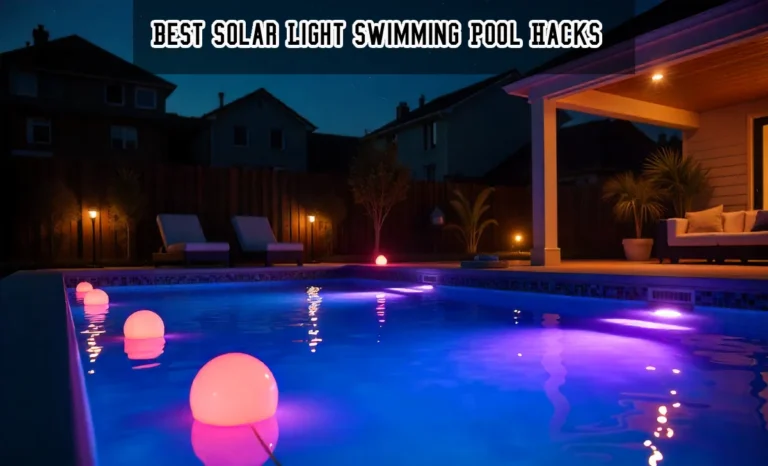 Vibrant pool lit by Best Solar Light Swimming Pool Hacks with colorful solar LEDs in a sustainable 2025 backyard setting.