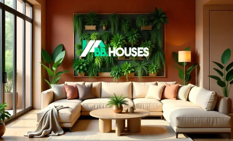 Modern living room with Decoradyard 2025 trends: earthy tones, vertical garden, brass lamps, eco-friendly decor.