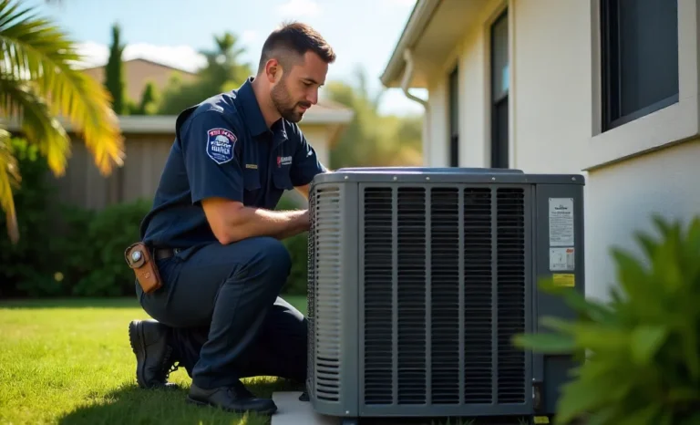HVACinRiverview.com AC Repair technician working on air conditioning unit in typical Florida residential setting