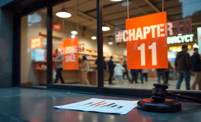 Home Depot rival garden center store with Chapter 11 bankruptcy filing signs and closing sale notices on storefront windows