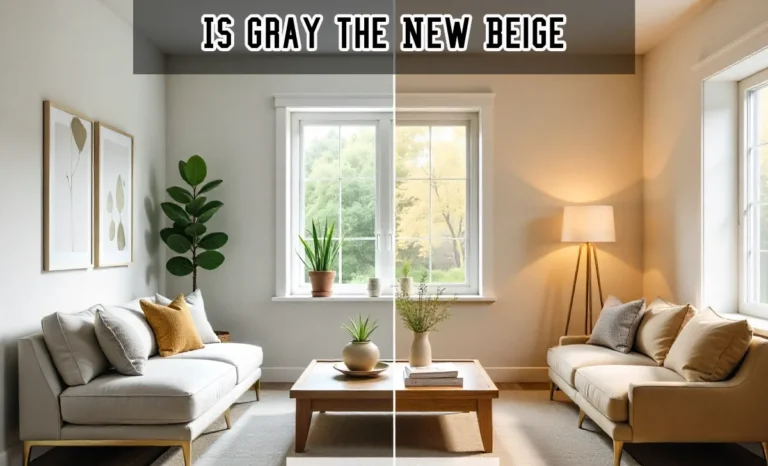 Is Gray the New Beige room comparison showing gray walls vs beige walls in living rooms with paint color swatches