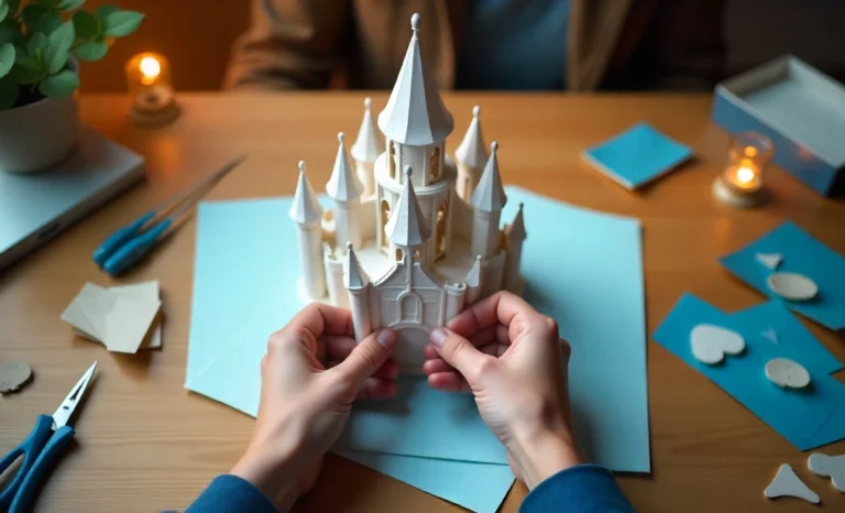 LWMFCrafts paper castle tutorial showing detailed construction techniques with craft knife and colored cardstock.