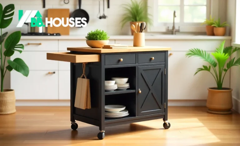 Latitude Run Rolling Kitchen Island with wood finish, storage drawers, and wheels in a bright 2025 kitchen setting.