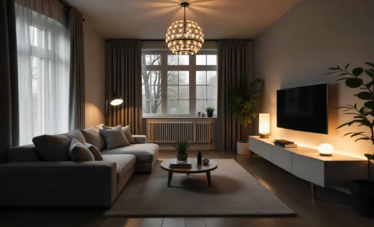 Modern living room with Lumolog’s lighting solutions for every home, featuring cozy ambient lights and smart LED fixtures.