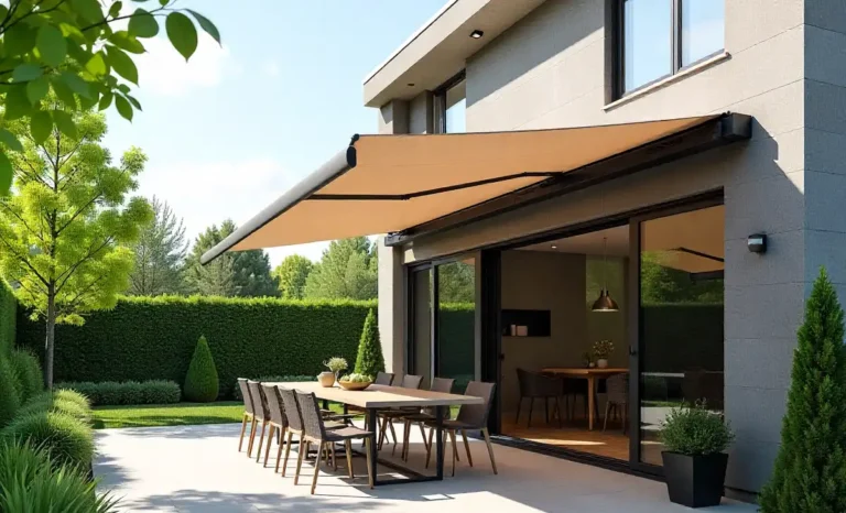 Modern Markiseteppe retractable awning system over outdoor patio with dining furniture showing shade and comfort