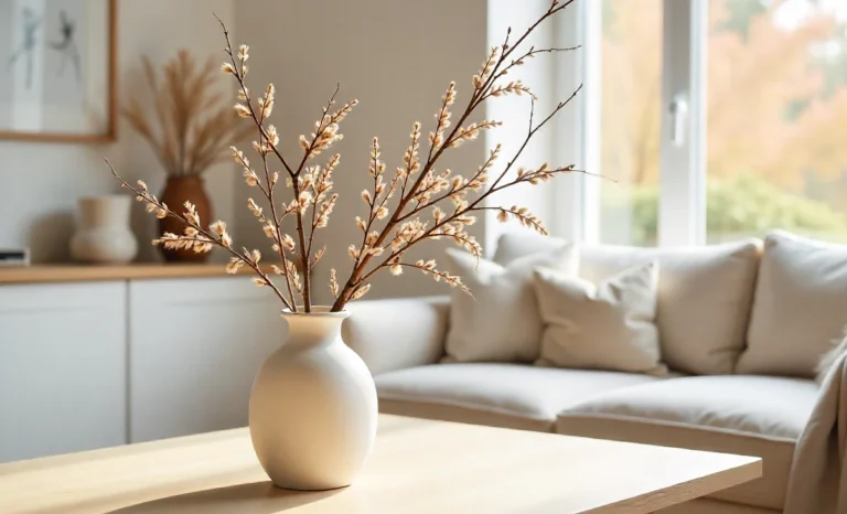 Pyntekvister Nordic branch arrangement in white ceramic vase on wooden table in minimalist Scandinavian interior