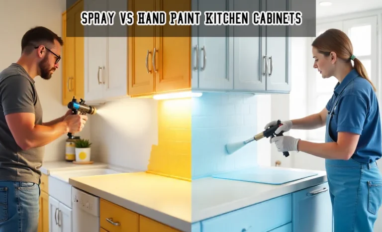 Kitchen cabinet painting comparison showing spray gun vs brush methods for DIY spray vs hand paint kitchen cabinets
