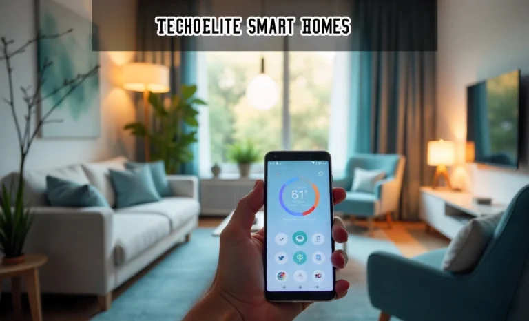 TechoElite Smart Homes app controls lights and thermostat in a 2025 living room, showcasing smart, energy-saving automation.