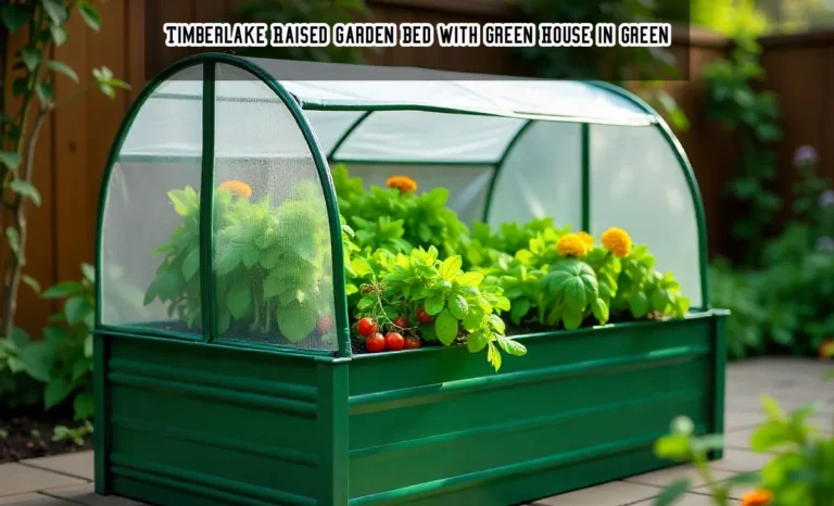 Timberlake Raised Garden Bed with Green House in Green, lush with lettuce, tomatoes, and herbs in a vibrant urban garden.