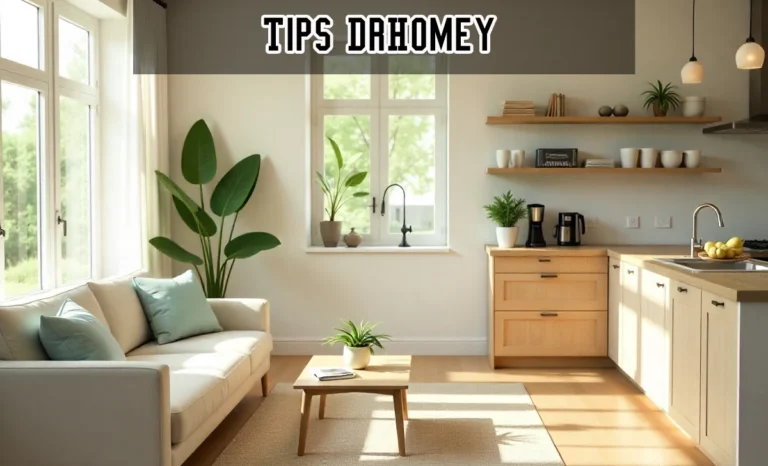 Modern organized living room featuring Tips DrHomey storage solutions, kitchen zones and smart home organization systems