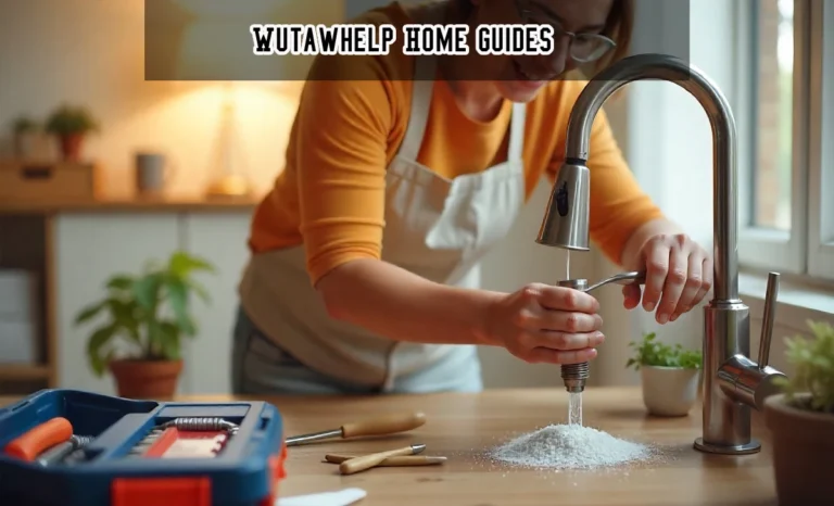 Homeowner using Wutawhelp Home Guides to repair a faucet with easy DIY tools, showing stress-free home maintenance.