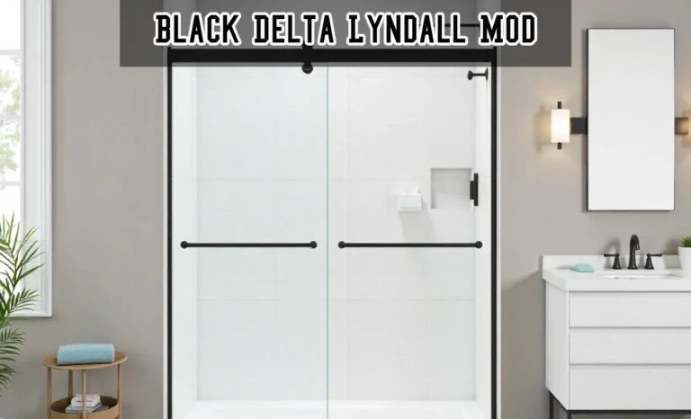 Black Delta Lyndall Mod frameless sliding shower door with matte black finish and tempered glass in modern bathroom