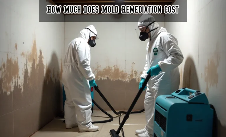 Technicians removing mold from walls, showing how much does mold remediation cost with professional tools.