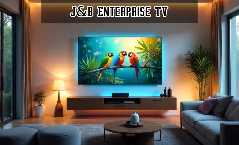 J&B Enterprise TV mounted in modern living room with comfortable seating and ambient lighting