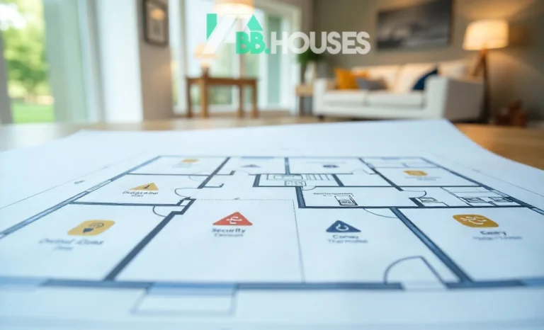 Blueprint with smart home floor plan symbols for outlets, lights, and cameras