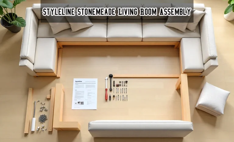 Step-by-step Styleline Stonemeade Living Room Assembly furniture assembly with tools and components laid out on the floor