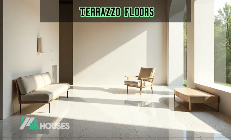 Sustainable terrazzo floors as marble alternative in a minimalist kitchen, with swirling recycled aggregates for durable, low-impact home renovation.