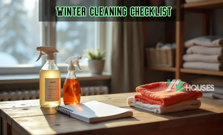 Cozy home interior with Winter Cleaning Checklist tools on the table, checklist in foreground