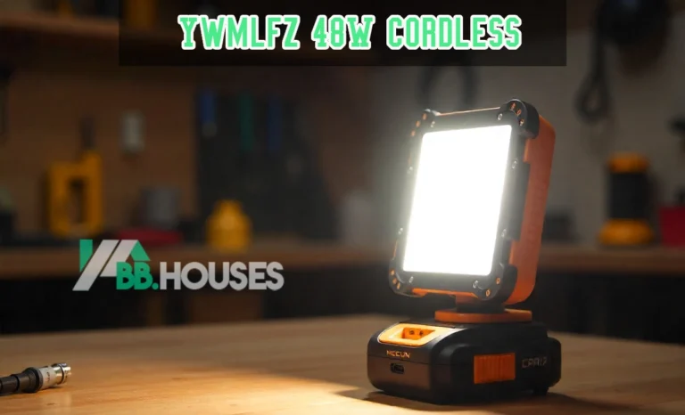Ywmlfz 48W Cordless LED work light illuminating workshop with battery pack on wooden workbench in garage