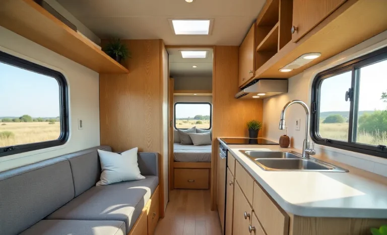 2 bedroom super sleeper truck interior showing luxurious living space with bed, kitchen area and organized storage