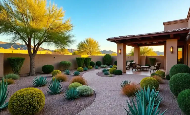 Arizona Backyard Landscape Ideas That Save Water and Money Arizona backyard landscape ideas with palo verde trees, agave plants and modern pergola in desert yard design