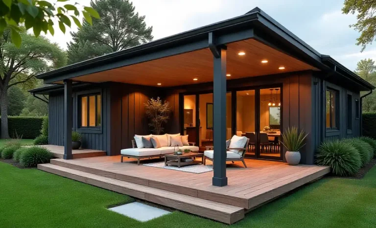 Modern attached covered patio ideas with gable roof, outdoor furniture, and string lights connected to contemporary home