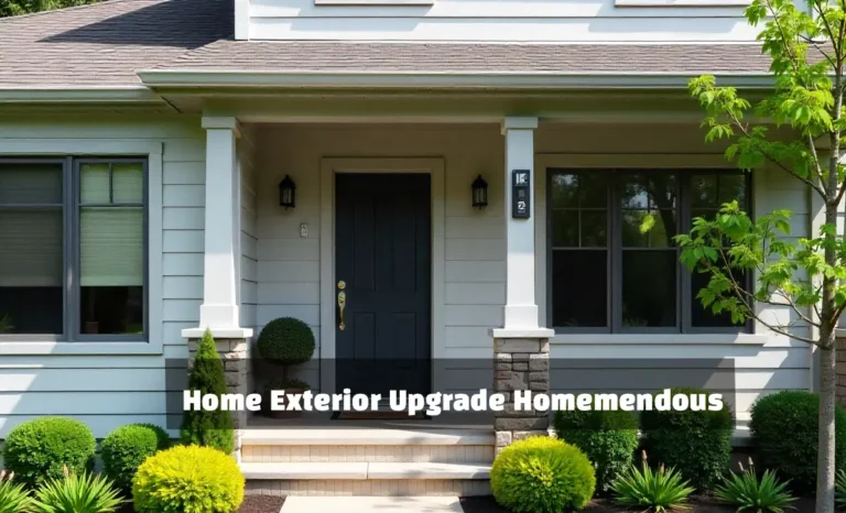 Modern home exterior upgrade homemendous with gray siding, charcoal door, professional landscaping and pathway lights
