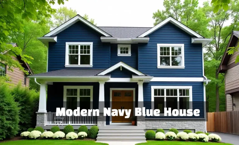 Modern navy blue house exterior with white trim, wood door, stone foundation, and professional landscaping in sunny setting