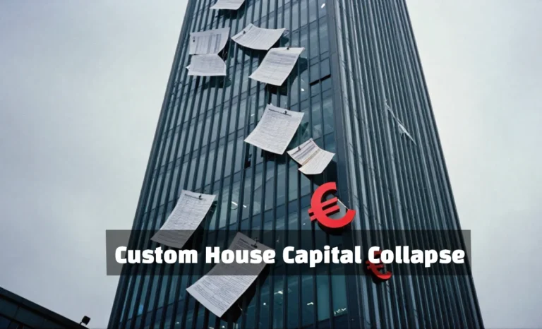 Custom House Capital Collapse Dublin office building with financial fraud symbolism and falling euro currency notes
