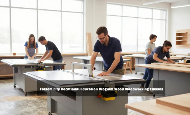 Folsom City Vocational Education Program Wood Woodworking Classes students working on projects in fully equipped workshop facility