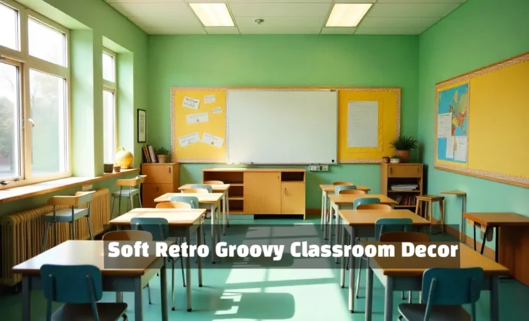 Soft Retro Groovy Classroom Decor: Create a Calming Learning Space Soft retro groovy classroom decor with pastel bulletin boards, vintage posters, and cozy reading nook in muted colors.