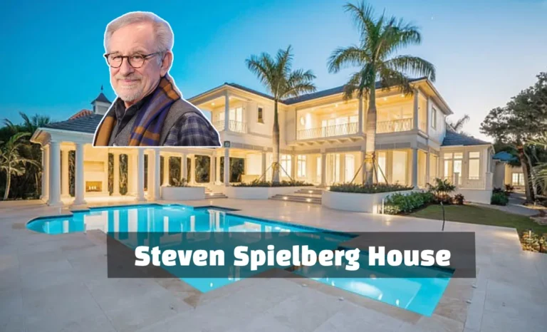 Steven Spielberg house exterior showing Mediterranean-style mansion with terracotta roof and Pacific Ocean backdrop.