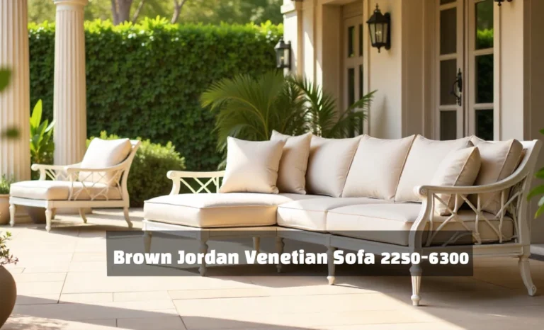 Brown Jordan Venetian Sofa 2250-6300 outdoor furniture with aluminum frame, cushions and spiral volute arm details